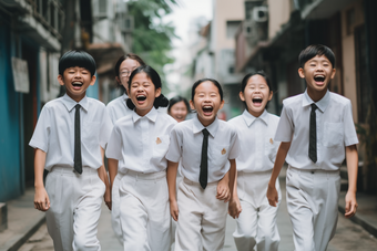 学生校服天真质朴大笑城市背景摄影图1