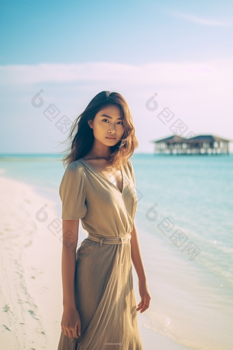 女人亚洲马尔代夫海滩沙滩旅行摄影摄影图5
