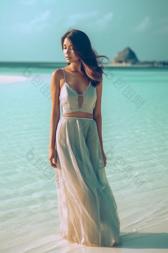 女人亚洲马尔代夫海滩沙滩旅行摄影摄影图13
