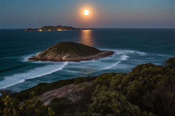 满月月相海峡<strong>海洋</strong>夜景港口月亮摄影图8