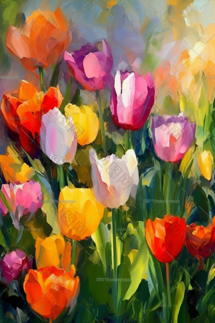 多彩郁金香油画花景观插画图片-包图网