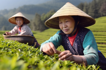 茶农新鲜茶叶茶园收获场景