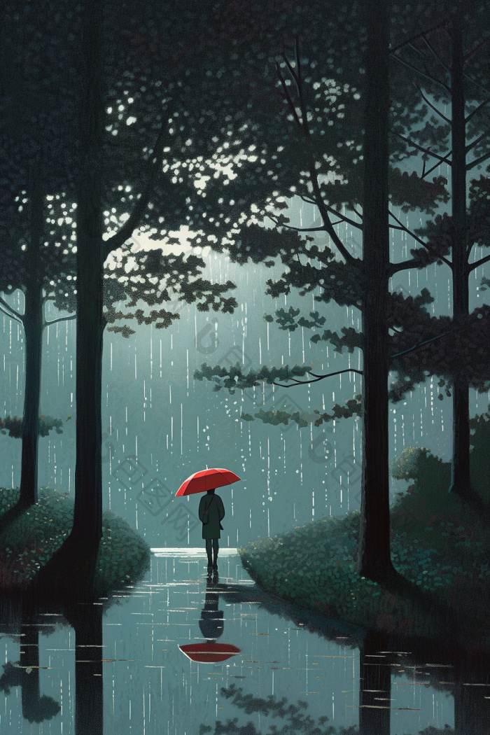 绝美雨天雨景下雨插画图片-包图网