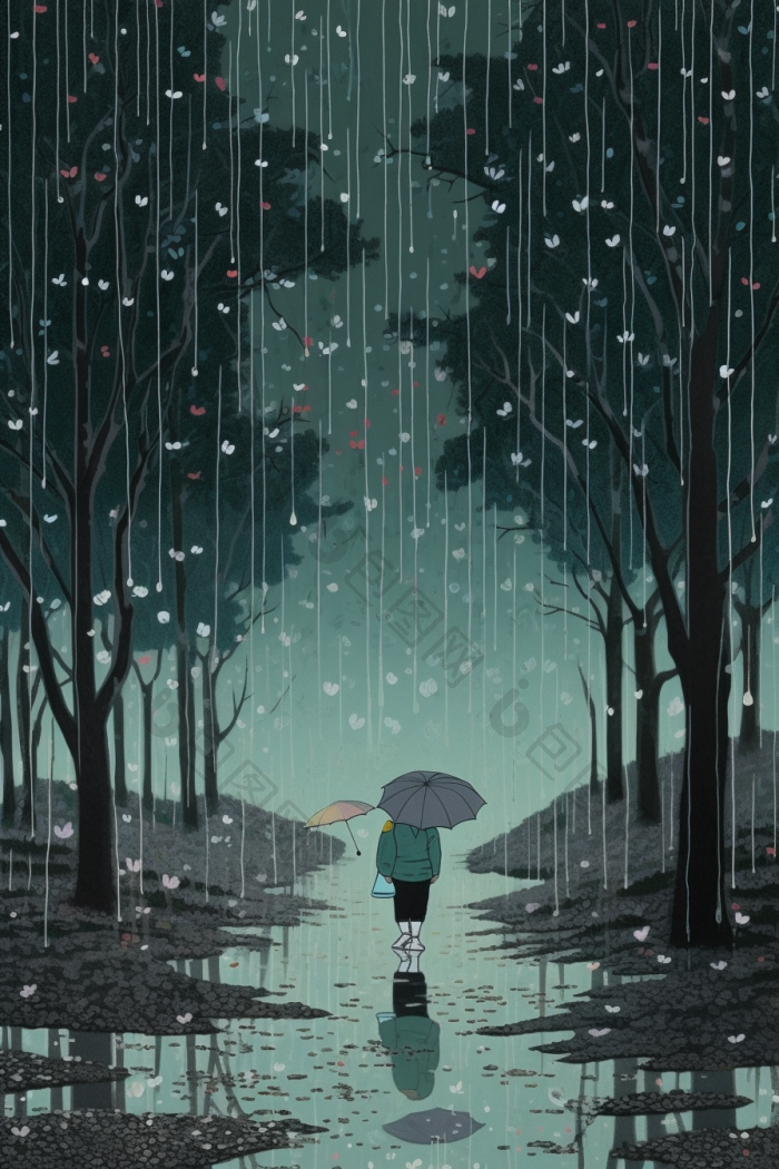 绝美雨天雨景数字插画图片-包图网