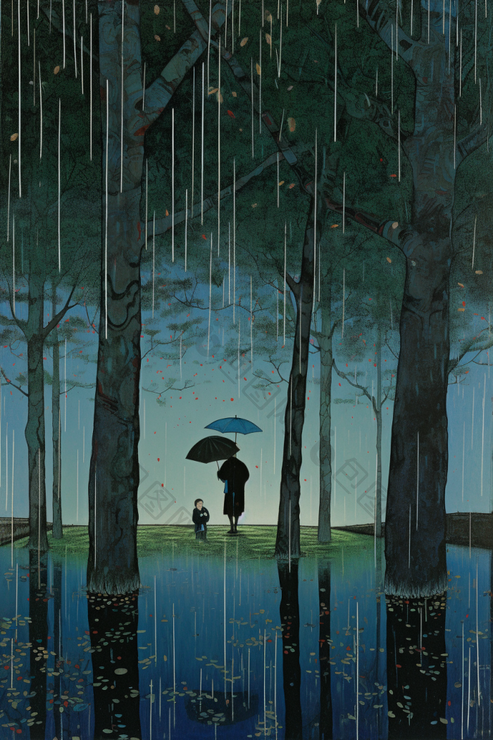 绝美雨天雨景数字插画图片-包图网