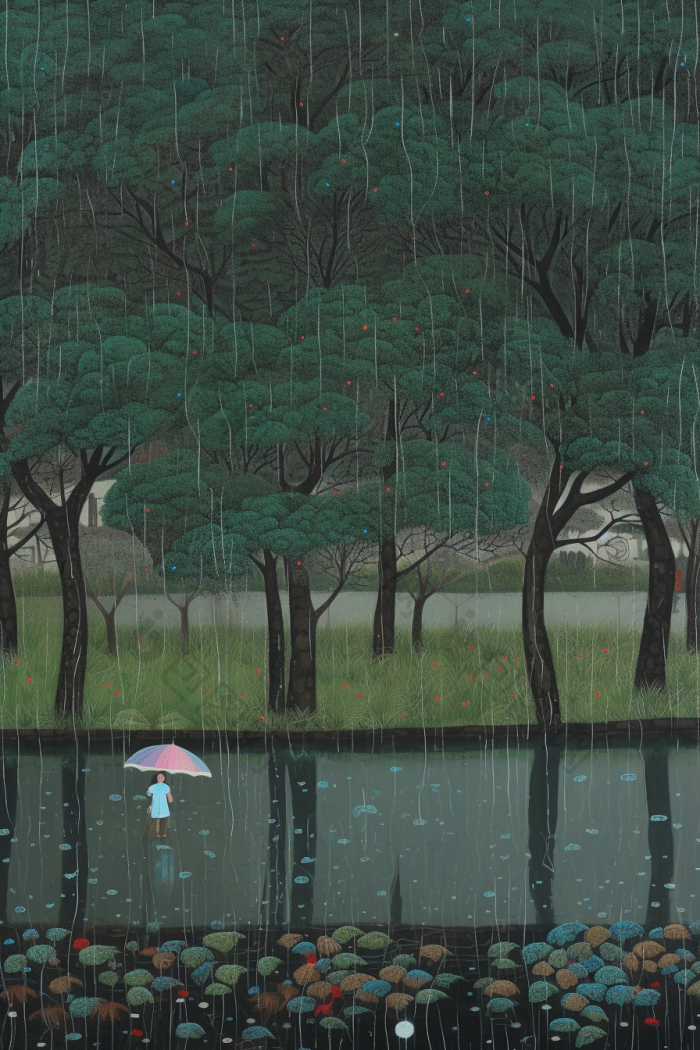 绝美雨天雨景数字插画图片-包图网