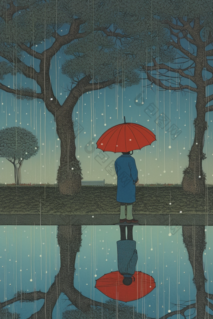 绝美雨天雨景数字插画图片-包图网