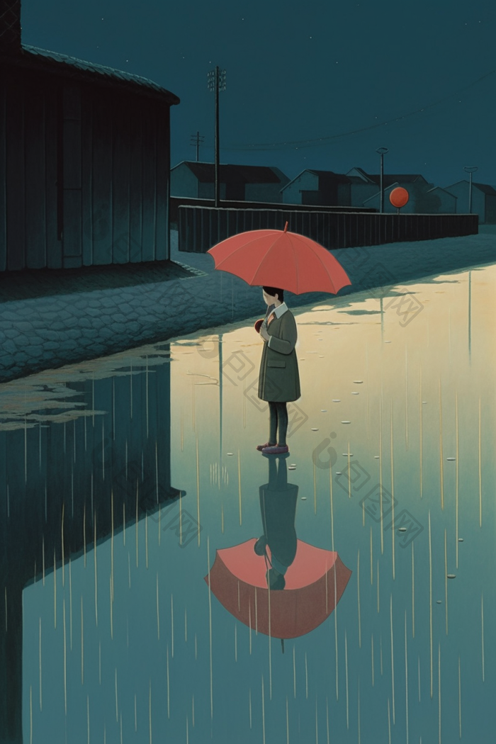 绝美雨天雨景数字插画图片-包图网