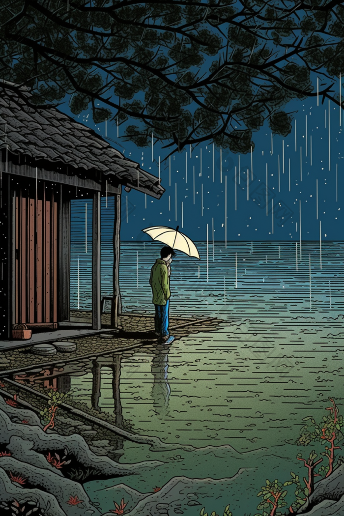 绝美雨天雨景数字插画图片-包图网