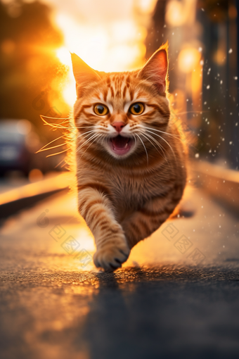 猫宠物<strong>晴朗的天气</strong>奔跑摄影笑容