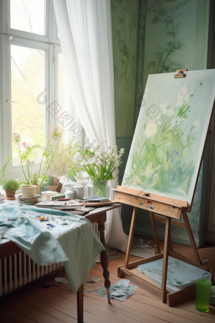 艺术家房间室内颜色花插画图片-包图网