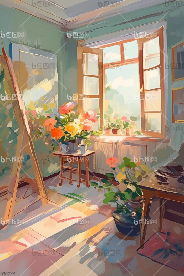 艺术家房间室内迷人的调色板插画图片-包图网