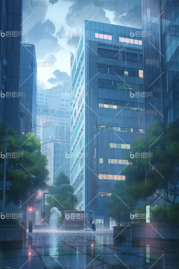 风城市雨天现代插画图片-包图网