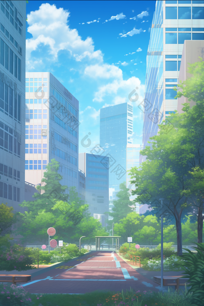 风城市晴天现代树插画图片-包图网