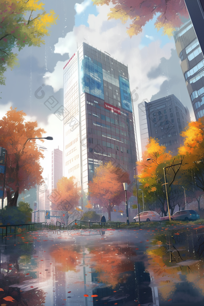 风城市秋日雨天现代多云的插画图片-包图网