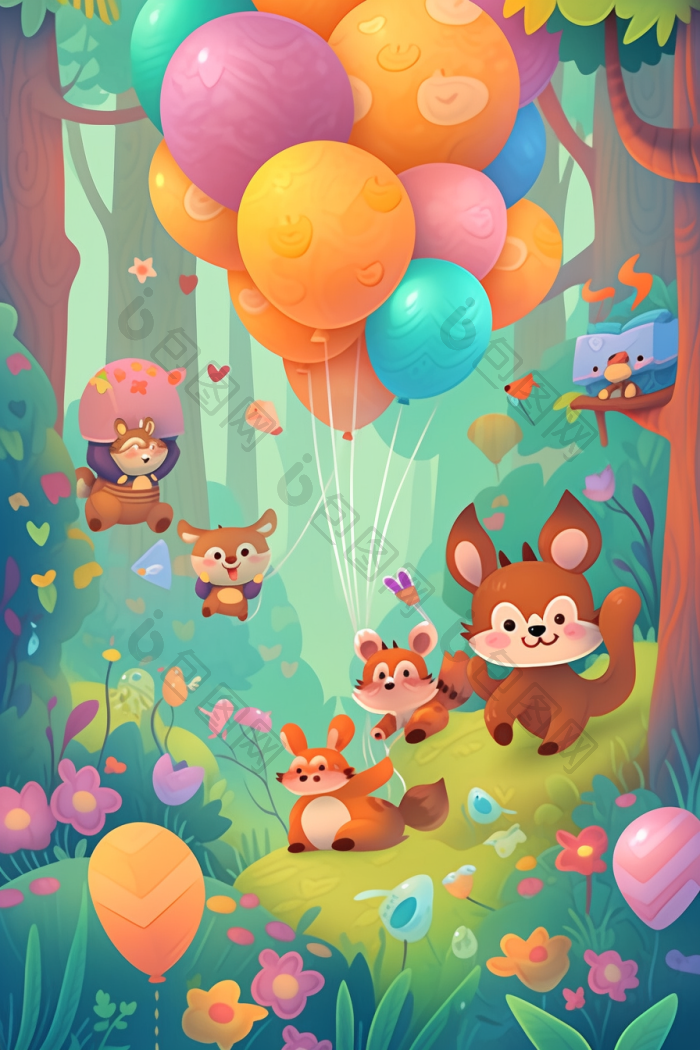 的动物森林派对明亮的插画图片-包图网