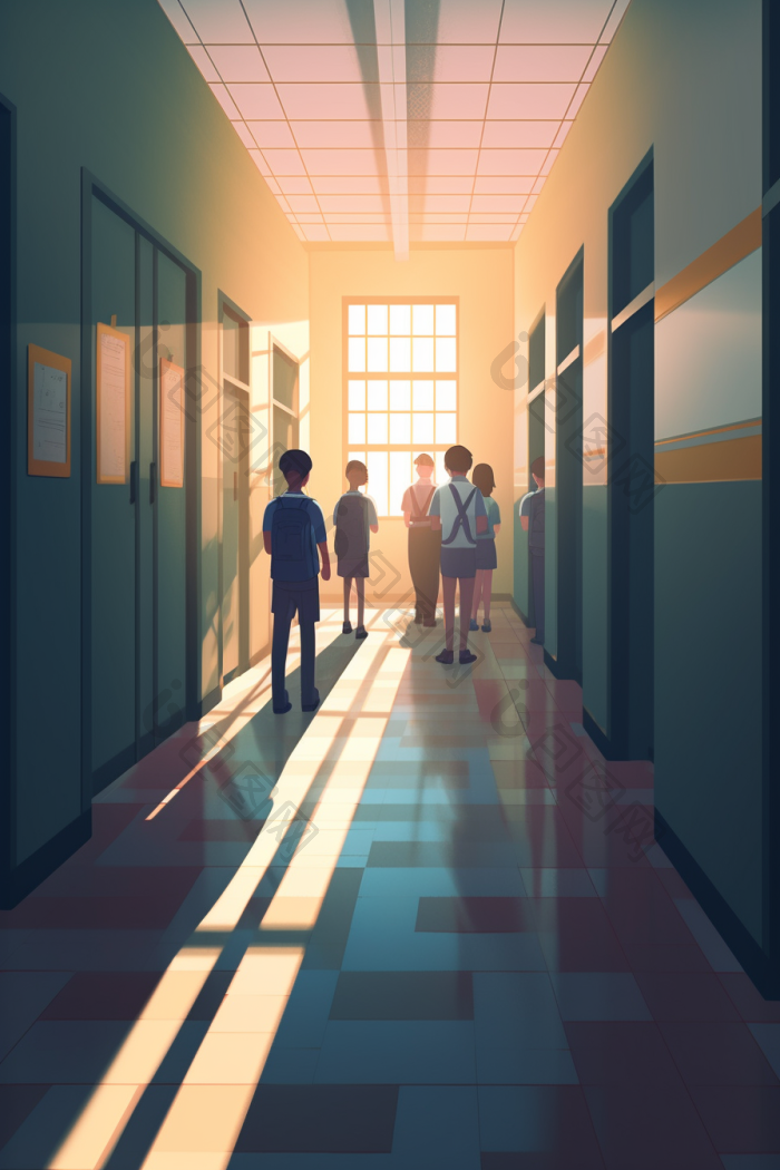 明亮学校走廊学生阳光插画图片-包图网