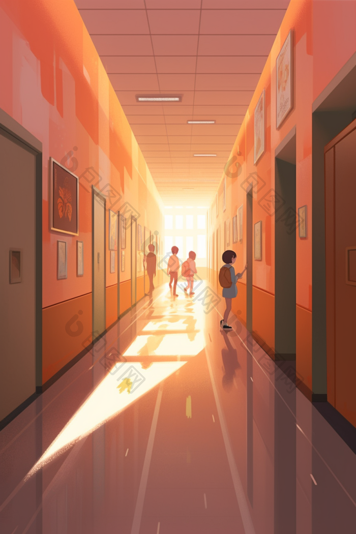 明亮学校走廊照明有限的插画图片-包图网