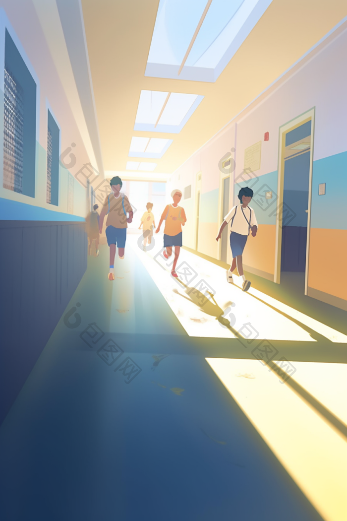 明亮学校走廊照明广角插画图片-包图网