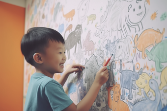 孩子童年涂鸦画笔艺术绘画儿童墙绘摄影图22