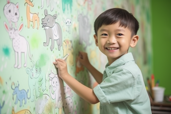 孩子童年涂鸦画笔艺术绘画儿童墙绘摄影图36