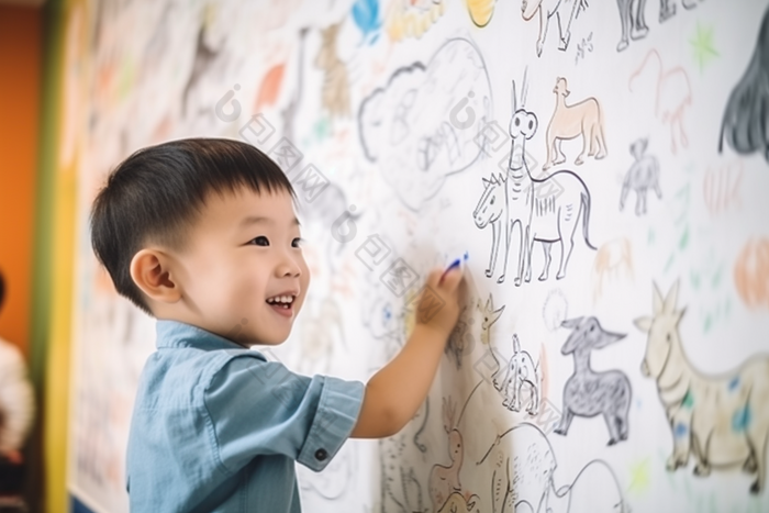 孩子童年涂鸦画笔艺术绘画儿童墙绘摄影图35