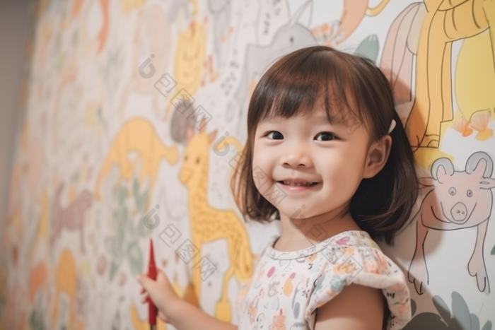 孩子童年涂鸦画笔艺术绘画儿童墙绘摄影图5