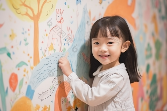 孩子童年涂鸦画笔艺术绘画儿童墙绘摄影图3