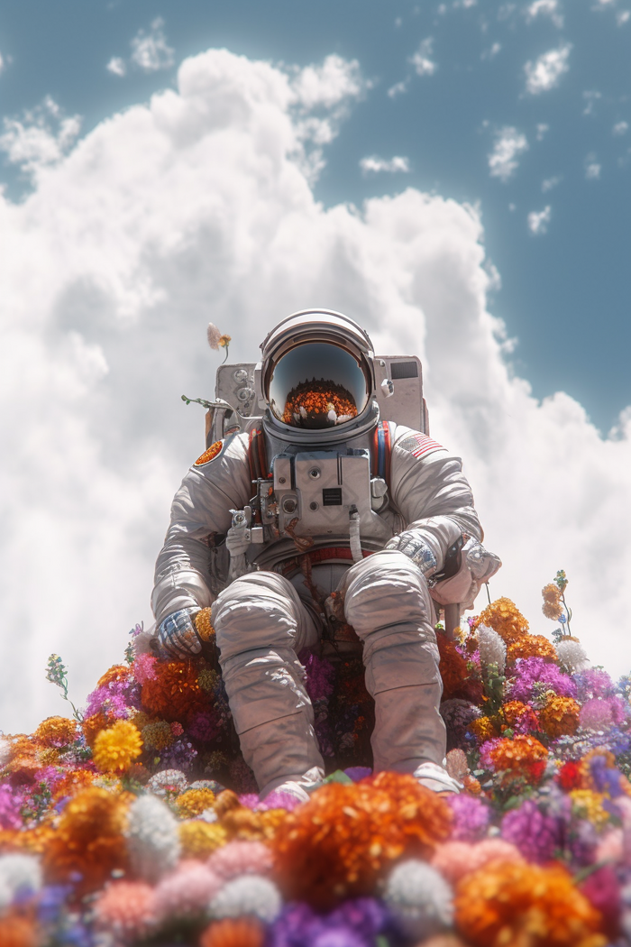 云端里的宇航员鲜花云朵白蓝天