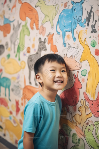 童年儿童快乐艺术绘画涂鸦墙绘男孩孩子