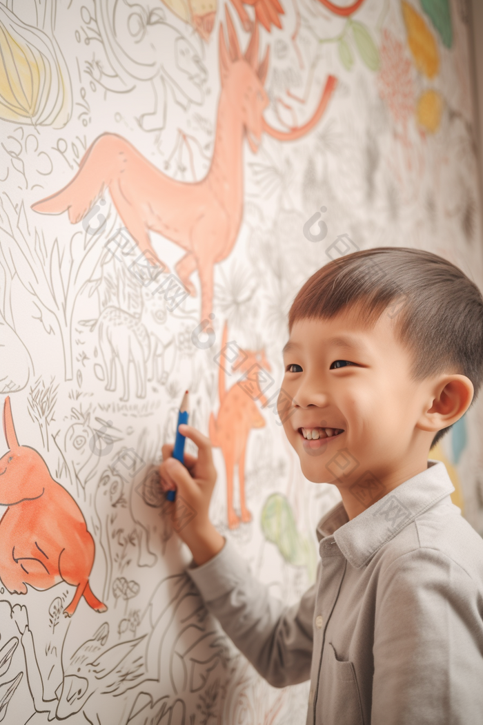 孩子童年涂鸦画笔艺术绘画儿童墙绘摄影图61