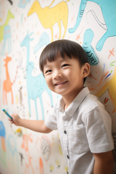 快乐中国人男孩孩子微笑画色彩斑斓的动物墙蜡笔--ar904:1353——问2