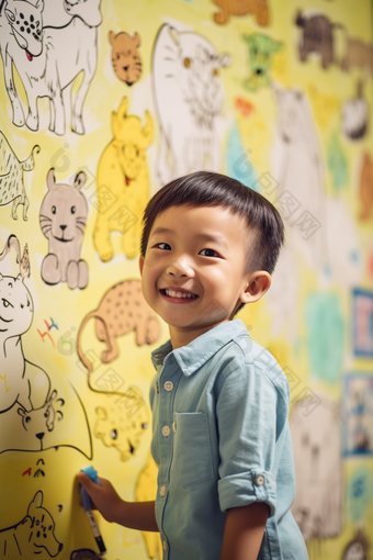 童年儿童快乐艺术绘画涂鸦墙绘男孩儿童画