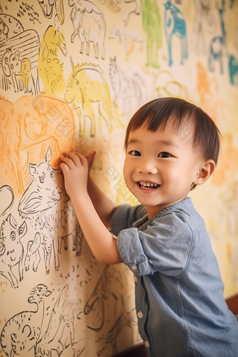 孩子童年涂鸦画笔艺术绘画儿童墙绘摄影图55