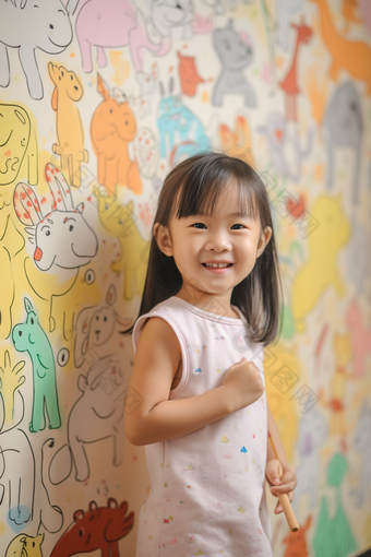 孩子童年涂鸦画笔艺术绘画儿童墙绘摄影图54
