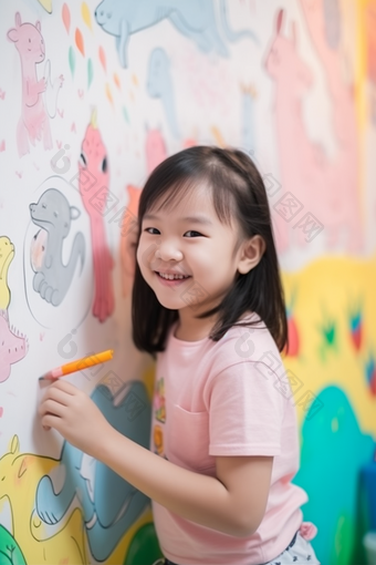 孩子童年涂鸦画笔艺术绘画儿童墙绘摄影图48