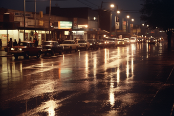 城市夜晚路灯夜景灯光雨季路面湿滑摄影图1图片