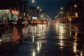 城市夜晚路灯夜景灯光雨季路面湿滑摄影图14