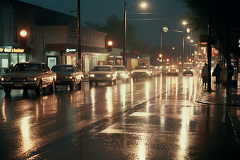 城市夜晚路灯夜景灯光雨季路面湿滑摄影图10