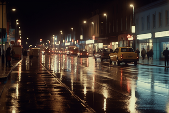 城市夜晚路灯夜景灯光雨季路面湿滑摄影图16