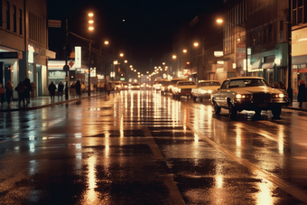 城市夜晚路灯夜景灯光雨季路面湿滑摄影图3