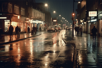 城市夜晚路灯夜景灯光雨季路面湿滑摄影图8