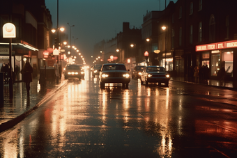 城市夜晚路灯夜景灯光雨季路面湿滑摄影图12