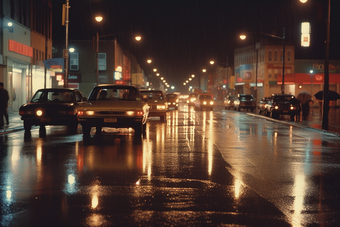 城市夜晚路灯夜景灯光雨季路面湿滑摄影图19