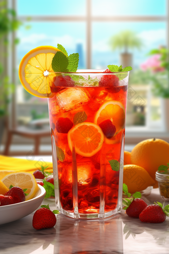 夏季饮料水果茶凉爽解渴大理石桌面阳光