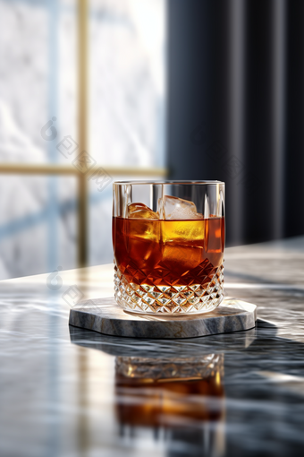 夏季饮料威士忌凉爽解渴大理石桌面窗户