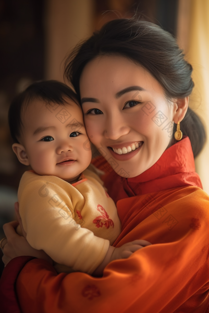 卧室里母亲和可爱的孩子母与子深色调图片-包图网