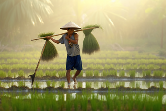 农民种植稻田收获丰收水稻下田