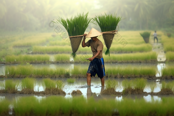 农民种植稻田收获丰收水稻劳动