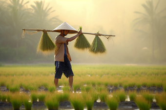 农民种植稻田收获丰收稻穗劳动
